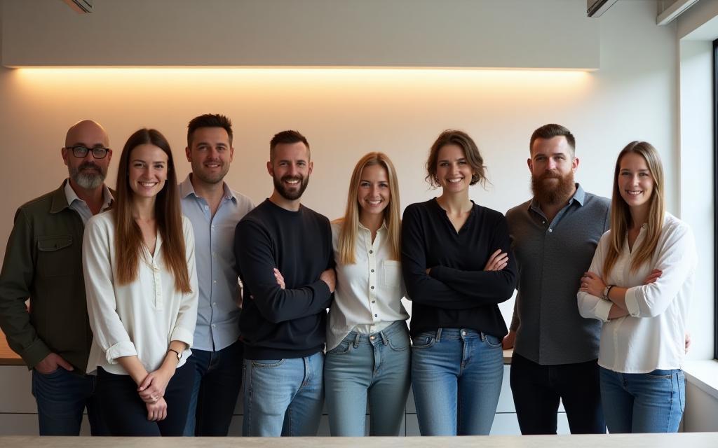 Teamfoto von SwissMinimal mit den Gründern und Schlüsselpersonen vor einem minimalistischen Hintergrund